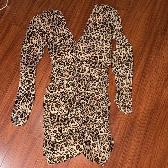 Nicholas Gathered Dress In Leopard Print Brown Mini Ruched Size US 4 Italy 40 - Picture 3 of 11